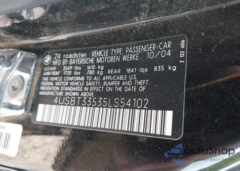 2005 BMW Z4 2.5I из США, поврежденный, VIN 4USBT33535LS54102